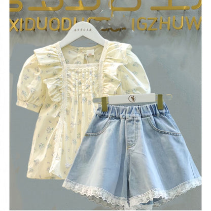 P Girls&#039; 2024 Summer Dress New Zhongda Children&#039;s Short-sleeved Shirt French Girls&#039; Lace Doll Shirt Denim Short Suit