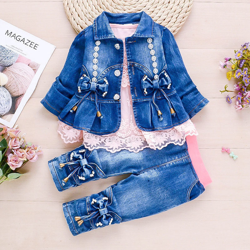 Baby girl spring cowboy three-piece suit 1-2-3-4 years old girl spring and autumn cowboy baby girl tide suit