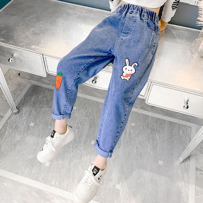 P girls jeans 2024 spring and autumn new girls Korean wide-leg pants medium and older children's foreign loose casual straight-leg pants