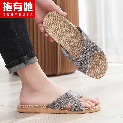 P Korean cute linen slippers summer ladies indoor non-slip sandals soft-soled household mute couple sandals and slippers women