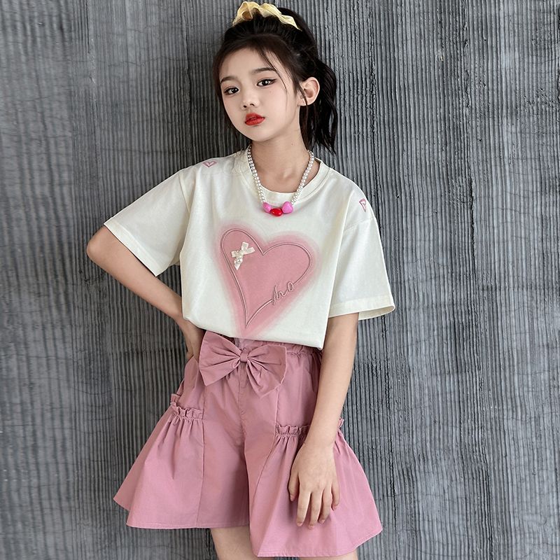 Conjunto de manga corta de verano para niñas P 2024 Nuevo conjunto de verano de dos piezas de moda para niñas chinas y grandes 