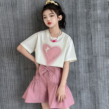 P Girls Summer Short sleeved Set 2024 New Chinese and Big Children's Fashionable Love and Fashion Girl Trendy Two Piece Summer Set