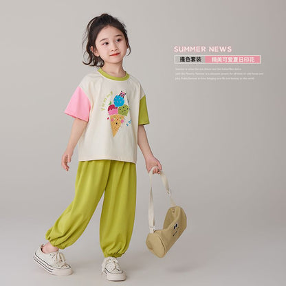 P Ohm Bear Girl Color Contrast Set 2024 Summer New Girl Thin Casual Sports Two Piece Set with Western Style