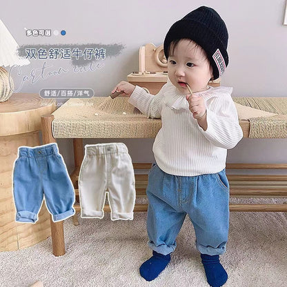 P baby pants 0-3 years old baby soft jeans spring boys and girls Korean version solid color casual high waist large PP pants