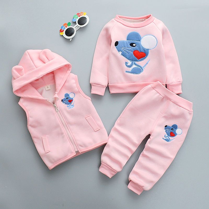 P Boys and girls 2024 winter clothes new set fleece thickened warm three-piece set baby children sweater winter clothes