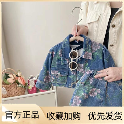 Korean Girls Spring and Autumn Denim Set New Children's Fashionable and Fashionable Girl's Coat Half Skirt Two Piece Set