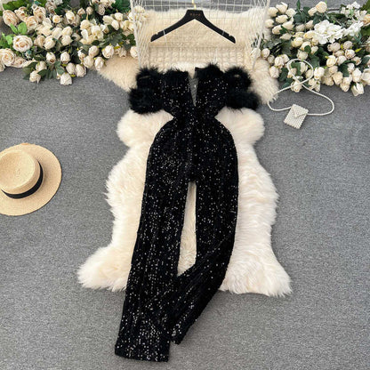 Light luxury and elegant temperament jumpsuit, women's ins, wearing European and American style, shoulder hair, hair stitching, sequins, slim pants