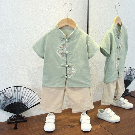 P Children's summer style Hanfu 2 boys Chinese style cotton and linen short sleeve Tang costume set 7 baby thin Chinese costumes