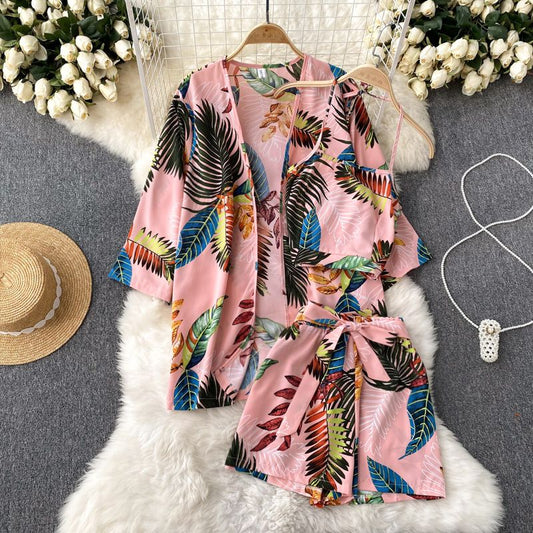 P Spring and Autumn Seasonal Fake Print Set Women's Mid length Shawl Cardigan+Short suspender+Wide Leg Shorts Three piece Set