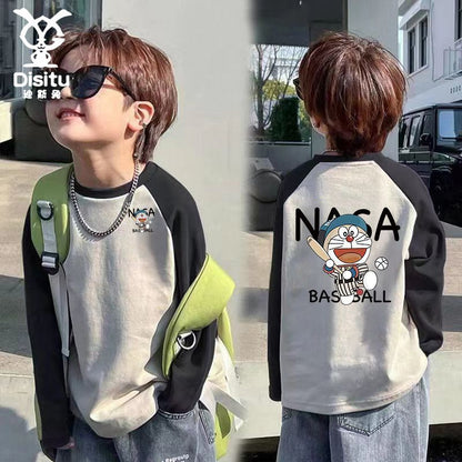 P Children's Spring and Autumn Clothing New Trendy T Baby Splicing Long Sleeve Boys and Girls Cartoon T-Shirt Medium and Children's Pure Cotton Bottom Top