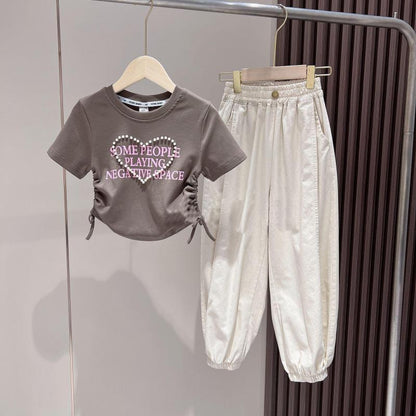 Conjunto de camiseta y pantalones bombachos con letras de amor de moda de edición coreana de verano para niñas P 2024, nuevos pantalones de verano para niñas 