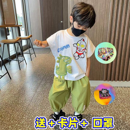 P 2024 New Boys' Summer Outman Luminous T-shirt Short sleeved Superman Outman Clothes Set of Western Style Set