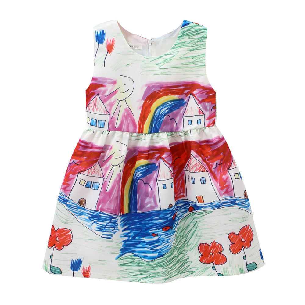 Vestido sin mangas para niñas, nuevo vestido de princesa, vestido de verano, versión coreana de moda de verano para niños, falda con estampado de dibujos animados para niños medianos y grandes 