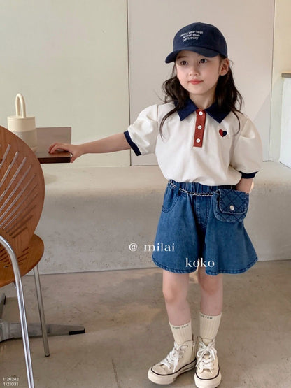 P Girls' Suit Summer 2024 Foreign Polo Short Sleeve Versatile Summer Dress Popular Denim Shorts Children's Two-Piece Trend