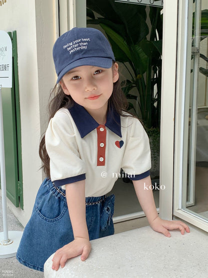 P Girls' Suit Summer 2024 Foreign Polo Short Sleeve Versatile Summer Dress Popular Denim Shorts Children's Two-Piece Trend