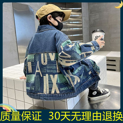 P Boys Spring and Autumn Denim Suit Children Medium and Older Children 2024 Boys Korean Version Soft Autumn Two-piece Set Children Handsome