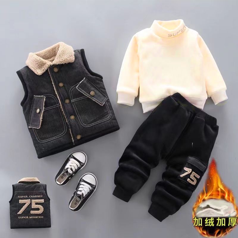 P Boys' thickened winter double-layer jacket three-piece set of thickened pants Children's clothing 0-4 years old fleece turtleneck underwear fleece