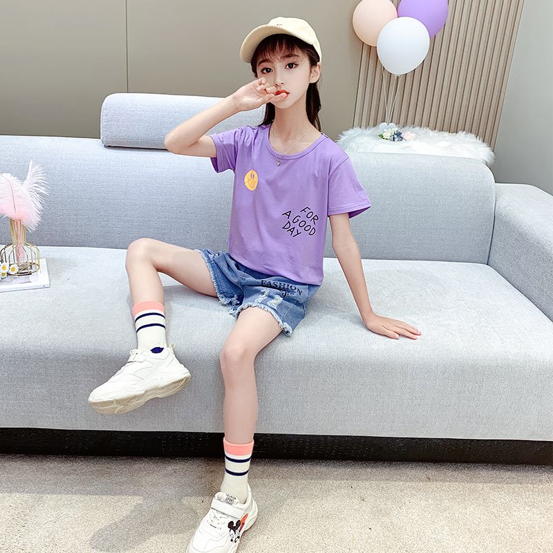 P Girls' summer clothes, new suits, foreign children's clothes, summer Internet celebrities, short-sleeved thin children's sports shorts, two-piece set