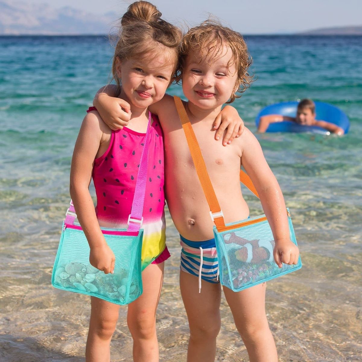 Bolsa de red para niños, bolsa de almacenamiento de malla con cremallera para juguetes de playa, correa de hombro ajustable colorida de mano, mochila de playa para almacenamiento