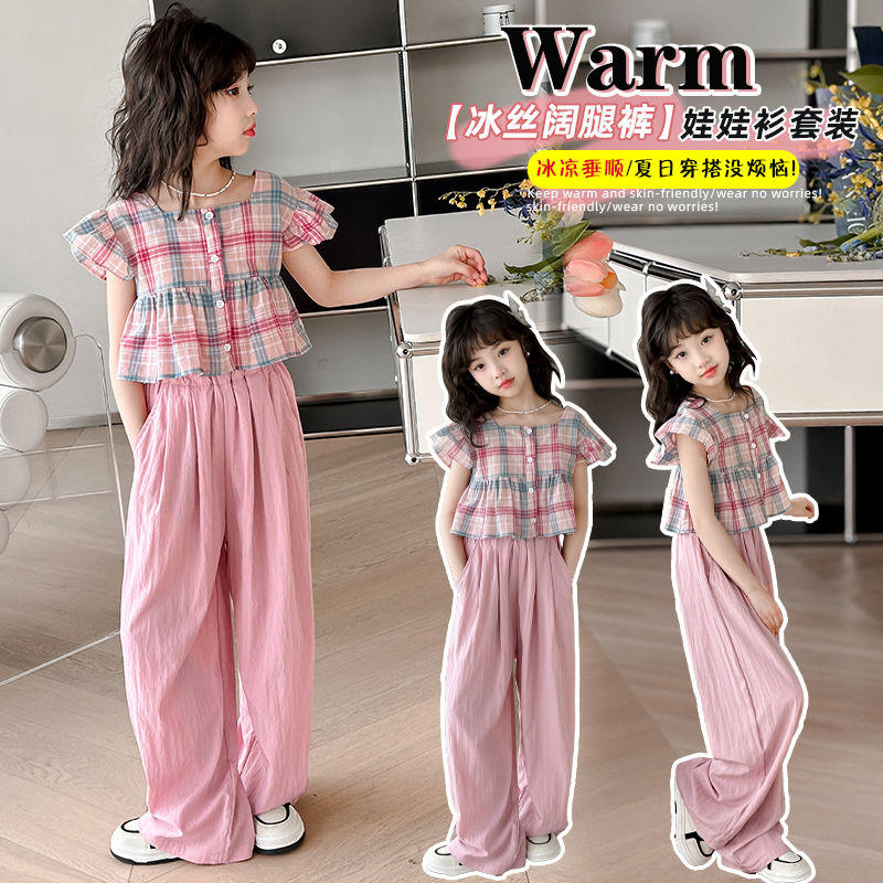 P Girls' Doll Shirt Short Sleeve Set Summer 2024 Internet Red checked shirt girl wide leg pants two-piece set trendy