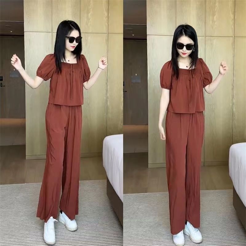 P high-end casual temperament shirt and pants two-piece set for women's 2023 summer fashionable age reducing bubble sleeve top set