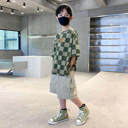 P Boys' Summer Suit Thin 2024 New Medium and Large Children's ClothesSummer Clothes Short Sleeve Clothes, Boys' Summer Trendy Brands, Fashionable