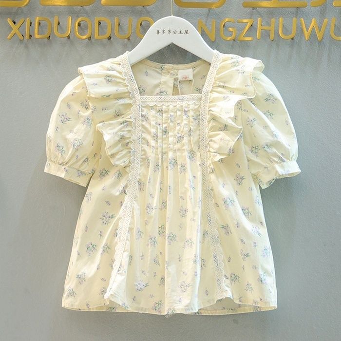 P Girls&#039; 2024 Summer Dress New Zhongda Children&#039;s Short-sleeved Shirt French Girls&#039; Lace Doll Shirt Denim Short Suit