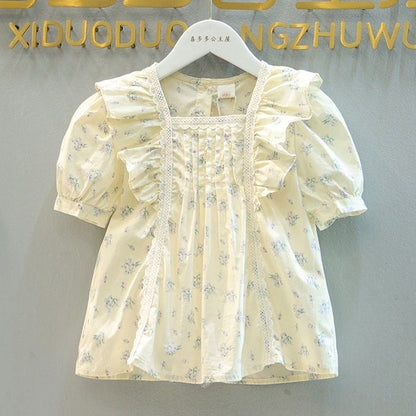 P Girls&#039; 2024 Summer Dress New Zhongda Children&#039;s Short-sleeved Shirt French Girls&#039; Lace Doll Shirt Denim Short Suit