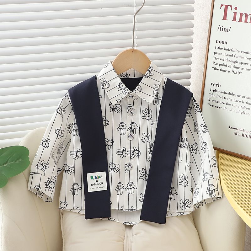 P Boys Autumn Shirt Set 2024 New Style Long-sleeved Shirt for Men and Children Spring and Autumn Children Handsome Three-piece Set