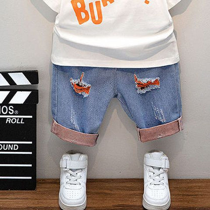 P Boys Summer Set 204 New Children's Fashionable and Handsome Small and Medium sized Boys Summer Short sleeved Top Trend