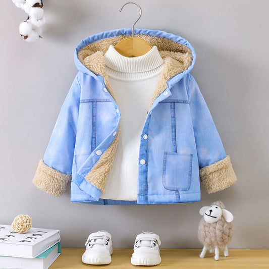 P autumn and winter children's fashion hooded velvet thickened solid color top baby winter foreign style warm coat