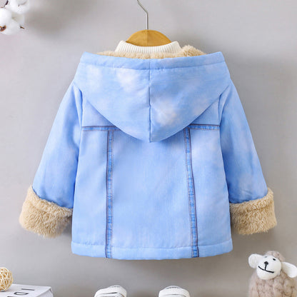 P autumn and winter children's fashion hooded velvet thickened solid color top baby winter foreign style warm coat