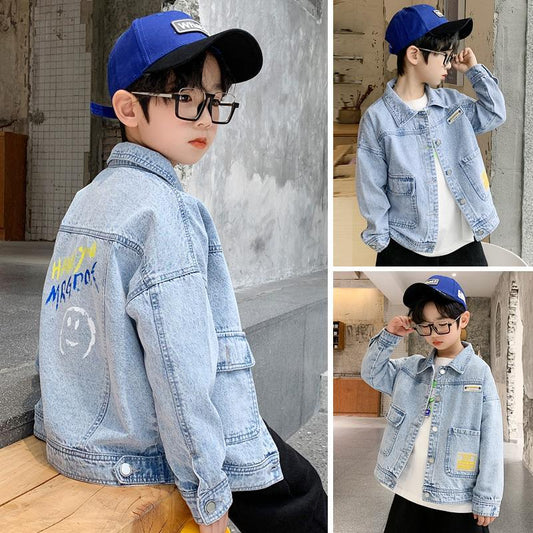 P Boys Denim Jacket Spring 2024 New Children's Denim Clothing Medium and Older Children's Casual Top Boys Spring and Autumn Children's Clothing