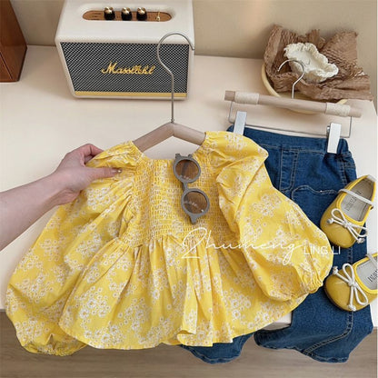 Girls' Shirt Spring New Korean Children's Clothes Children's Fashionable Sweet Floral Balloon Sleeve Blouse Spring