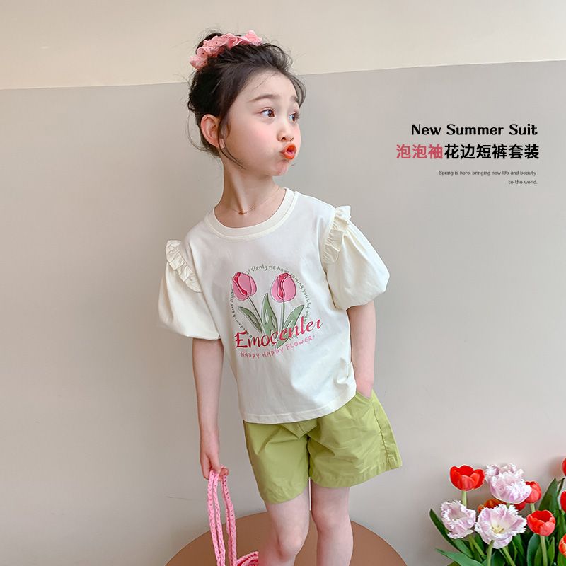 P Ohm Bear Girls' Set Summer 2024 New Female Baby Fashionable Two Piece Set for Children's Short sleeved Shorts