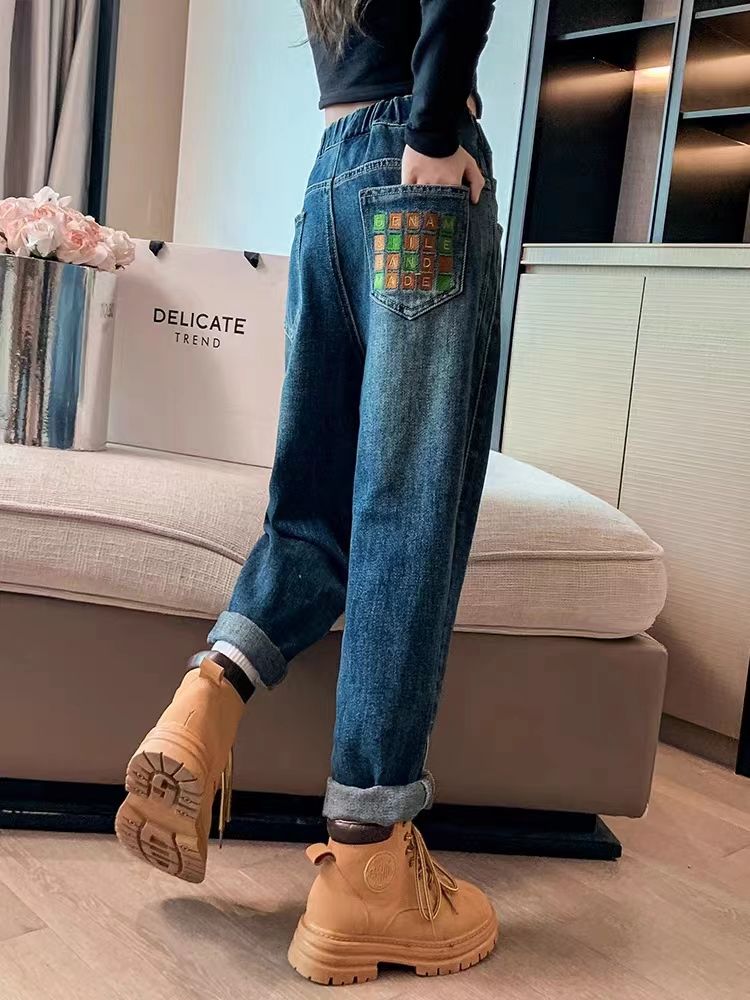 P girls jeans medium and older children's foreign dad pants wide-leg wear loose spring and autumn Korean version children's casual elastic pants