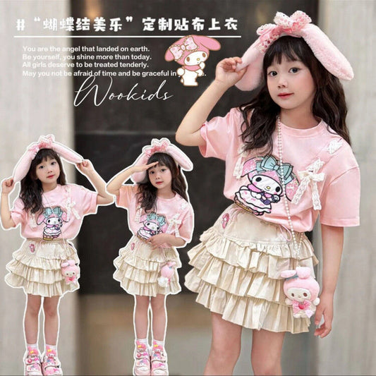 P Girls' Melody Cotton Suit 2024 New Summer Clothes Foreign Atmosphere Cute Short Sleeve T-Shirt Short Skirt Children's Clothes