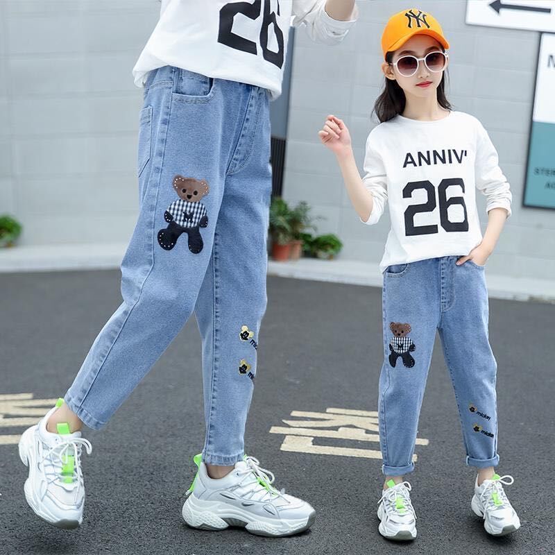 P girls jeans 2024 spring and autumn new girls Korean wide-leg pants medium and older children's foreign loose casual straight-leg pants