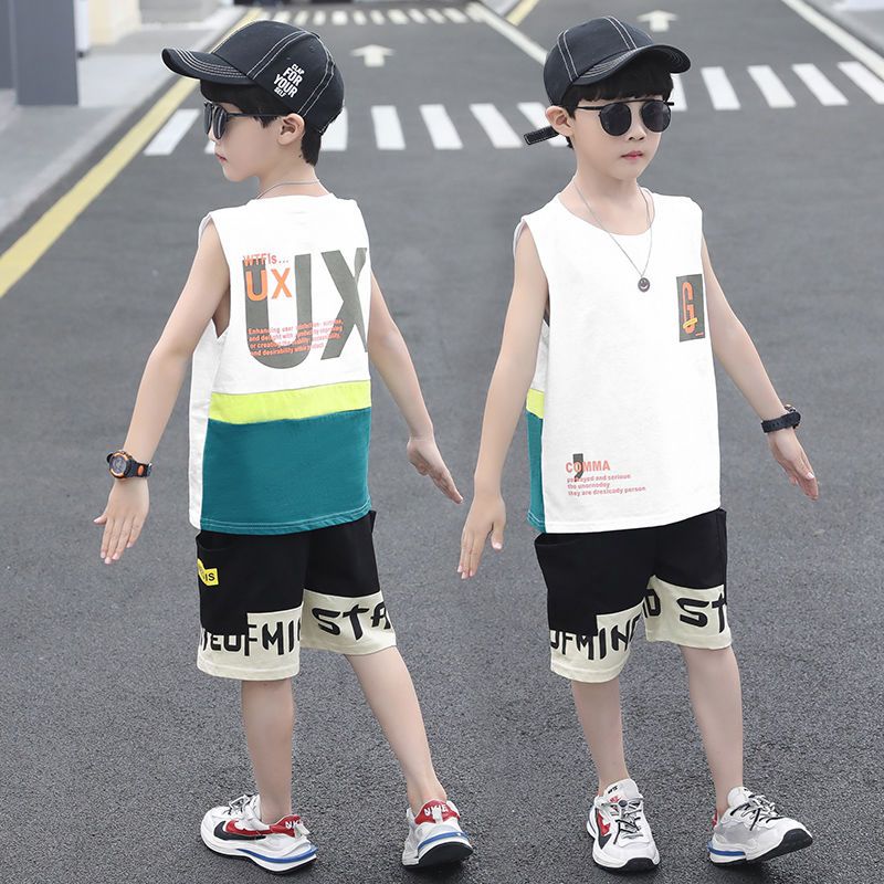 P Cotton Kids Boys Summer Vest Two-Piece Sleeveless Summer Dress Set 2024 New Handsome Foreign Fashion Korean Version