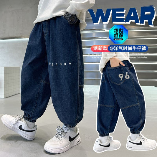 P boys jeans spring and autumn 2024 new autumn casual pants medium and large children's boys autumn pants cool and trendy