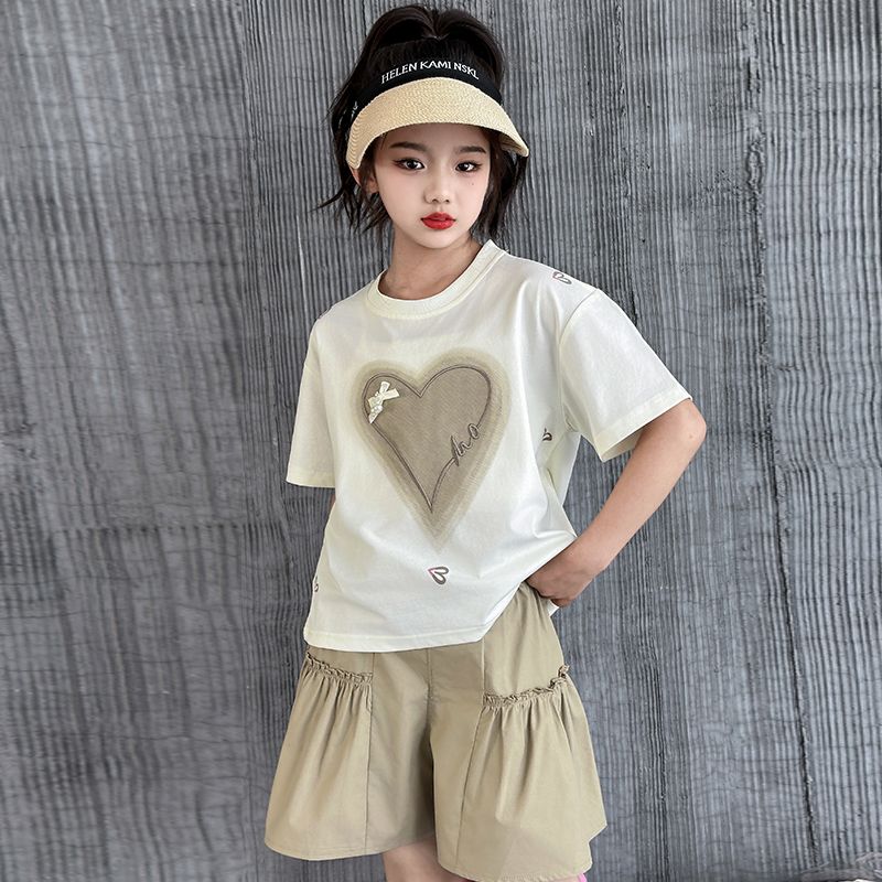 P Girls Summer Short sleeved Set 2024 New Chinese and Big Children's Fashionable Love and Fashion Girl Trendy Two Piece Summer Set