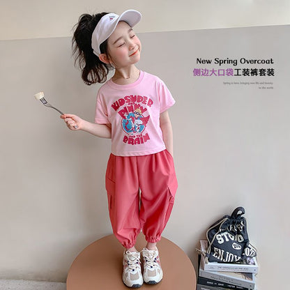 P Ohm Bear Girls' Summer Set 2024 New Girls' Set Explosive Street Set Small Dress Girls' Summer Fashion