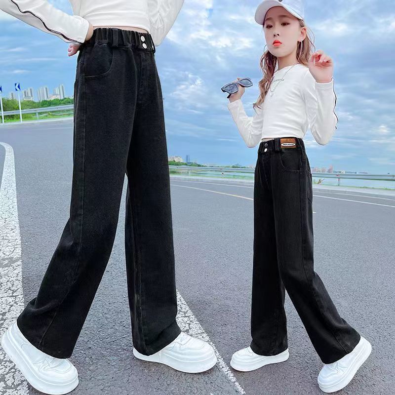 P girls spring and autumn jeans wide-leg pants 2024 new girls Korean version loose fashion foreign style middle-aged pants tide