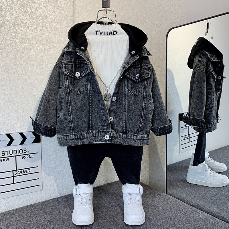 P boys denim jacket spring and autumn fried street top 2024 new foreign style medium and old children's hooded loose boys clothes