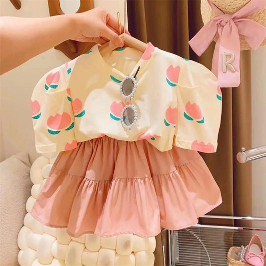 P Girls Princess Set Summer 2023 New Korean Edition Tulip Bubble Sleeves T Cake Skirt Children's Two Piece Set