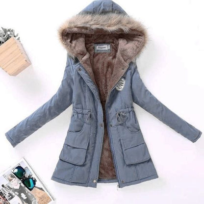 A autumn and winter new Korean version of medium and long women's cotton-padded clothes, plush collar, slim fit, thickened large size coat top