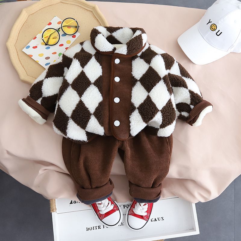 P Boys' suit with fleece, new children's casual foreign style baby autumn and winter clothes, baby fleece and thicker two-piece set