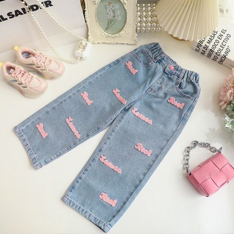 Conjunto de niña primavera y otoño nueva edición coreana moda niña manga larga cuello redondo cintura superior jeans conjunto de dos piezas 