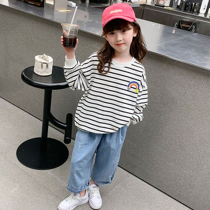 P Children's and Girls' 2024 Autumn New Long Sleeve Top Bottom Shirt Black and White Stripe Printing Color Cotton Elastic Loose