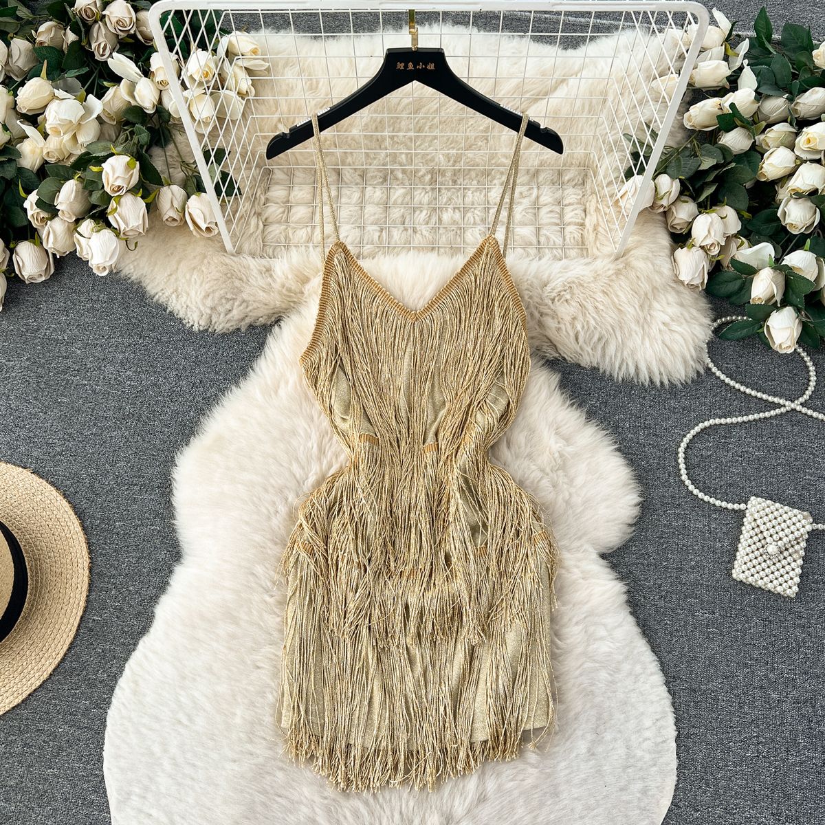 P sexy hollow backless fluffy fringed splicing suspender dress women's pure desire advanced sense thin birthday dress dress dress